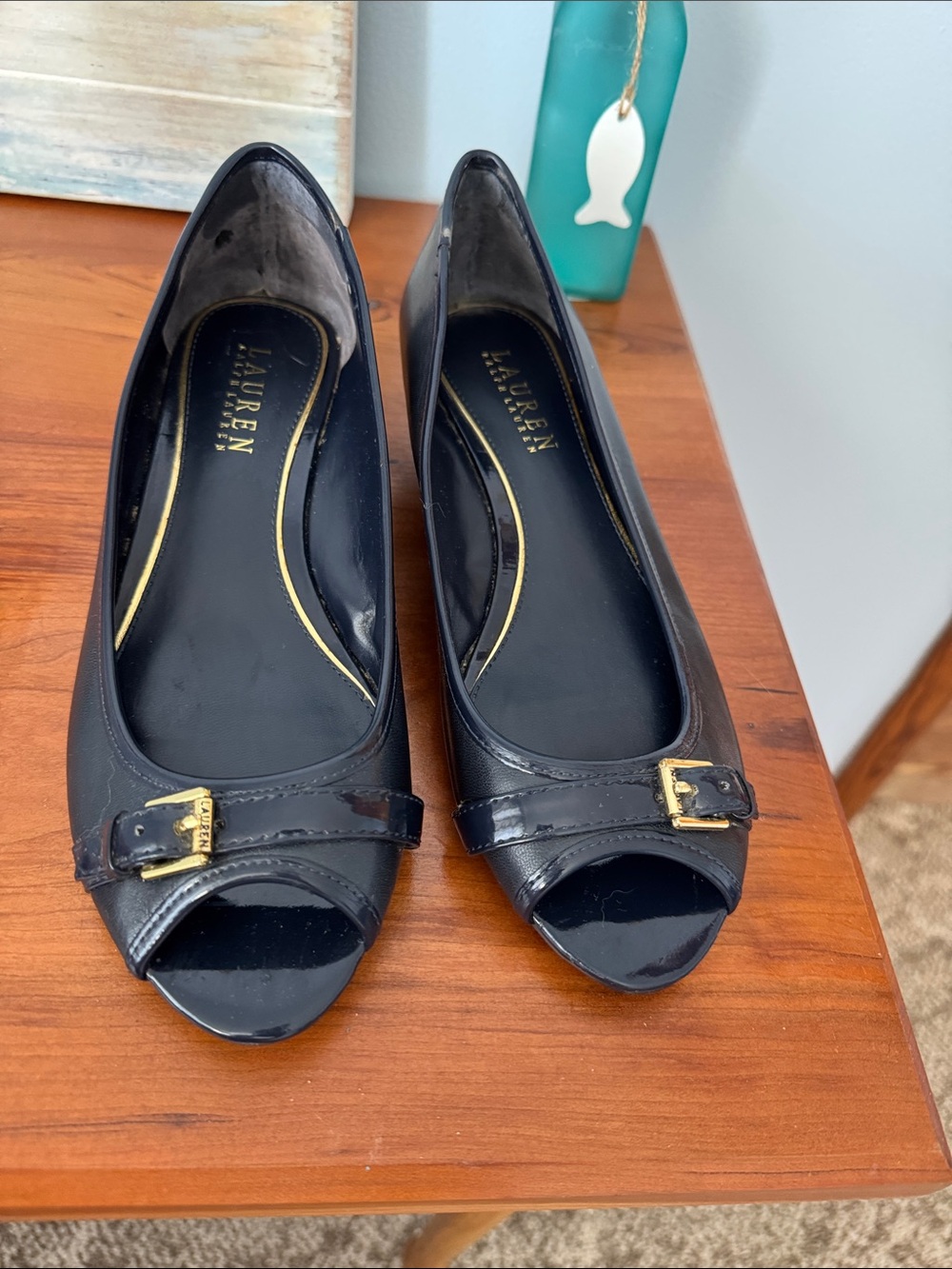 Lauren Ralph Lauren Navy Patent Peep-Toe Heels with Gold Buckle